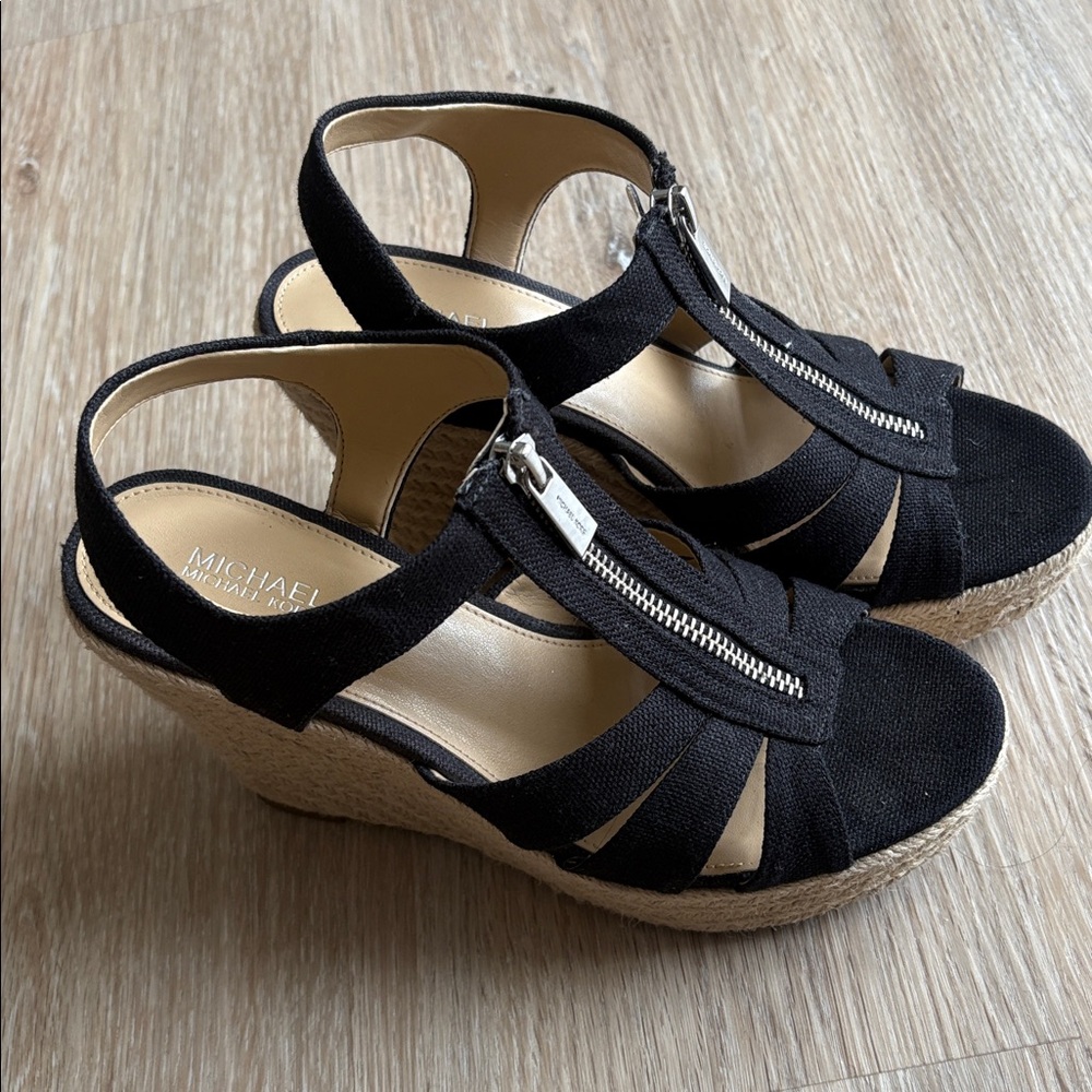 Michael Kors Black and Tan Wedge Sandals - Picture 4 of 9